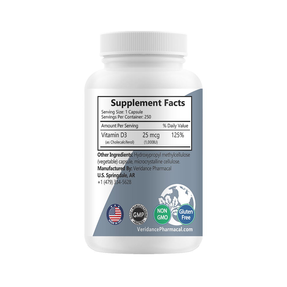 Vitamin D3, 1000 IU, 25 mcg, 250 soft vegetable capsules