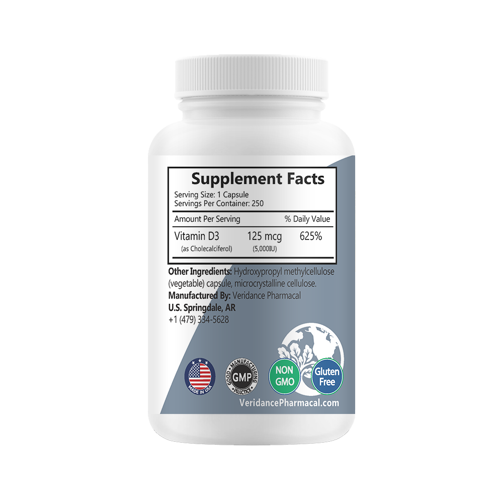 Vitamin D3, 5000 IU, 125 mcg, 250 soft vegetable capsules