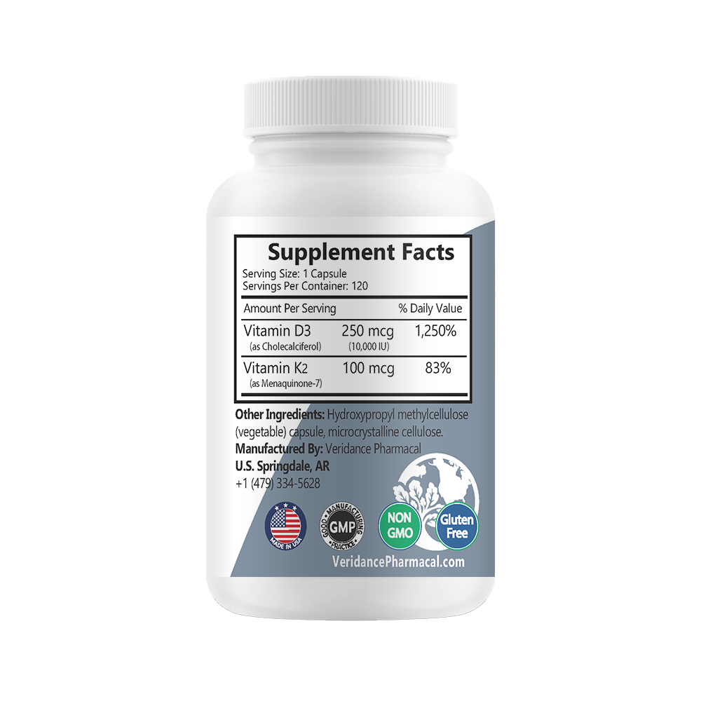 D3 + K2, 10000IU 250 micrograms Vitamin D3 plus Vitamin K2, 120 soft vegetable capsules