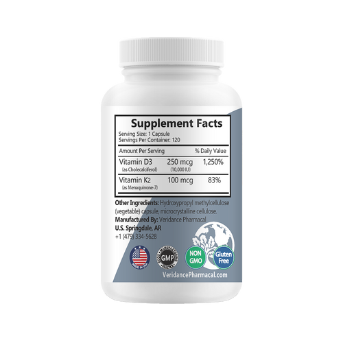 D3 + K2, 10000IU 250 micrograms Vitamin D3 plus Vitamin K2, 120 soft vegetable capsules